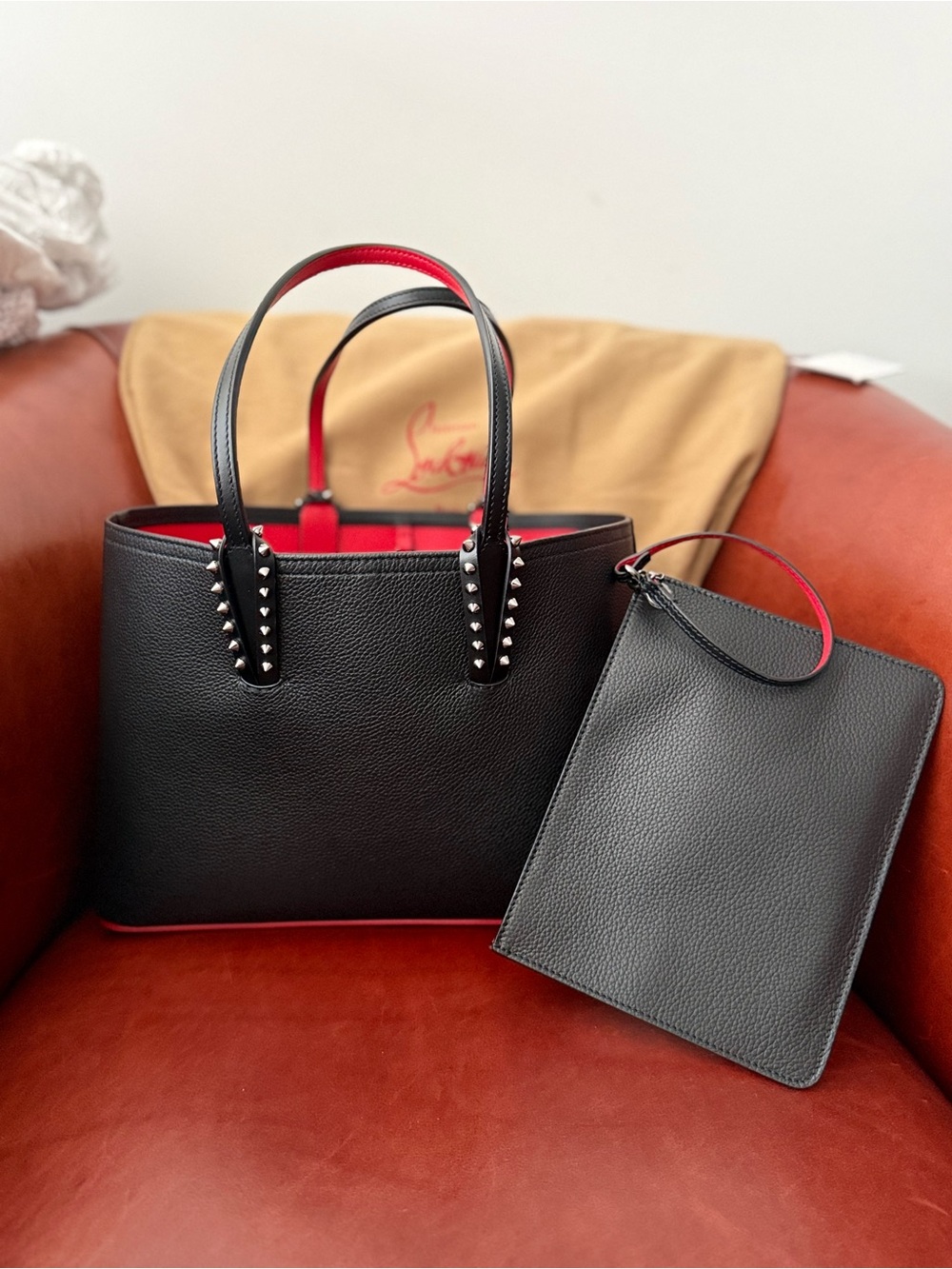 Christian Louboutin Black Leather Stud Tote with Red Interior